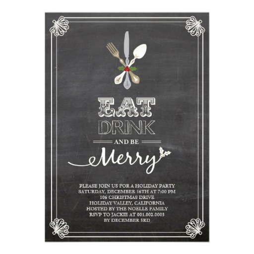 Eat Drink and Be Merry Chalkboard Holiday Party Personalized Announcements