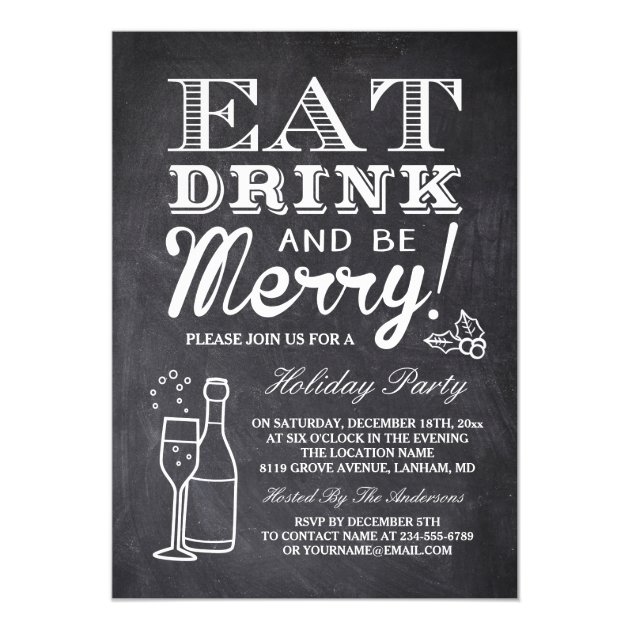 Eat Drink and Be Merry Chalkboard New Year Party Card (front side)