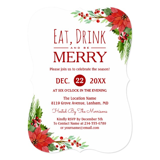 Eat Drink and Be Merry Floral Chic Holiday Party Card (front side)