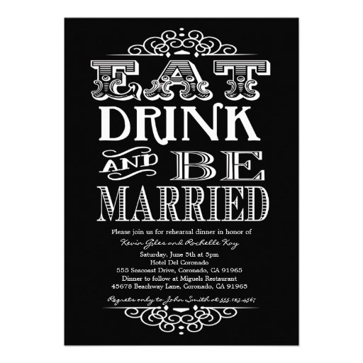 Eat Drink and Be Merry Rehearsal Dinner Invitation (front side)