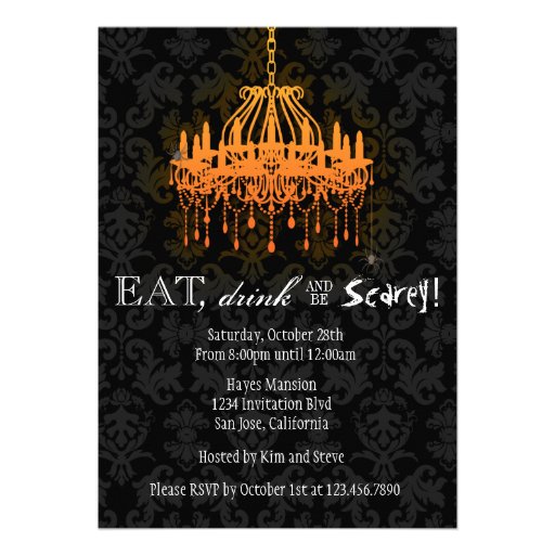 Eat Drink and Be Scarey Elegant Damask Chandelier Custom Invite (front side)