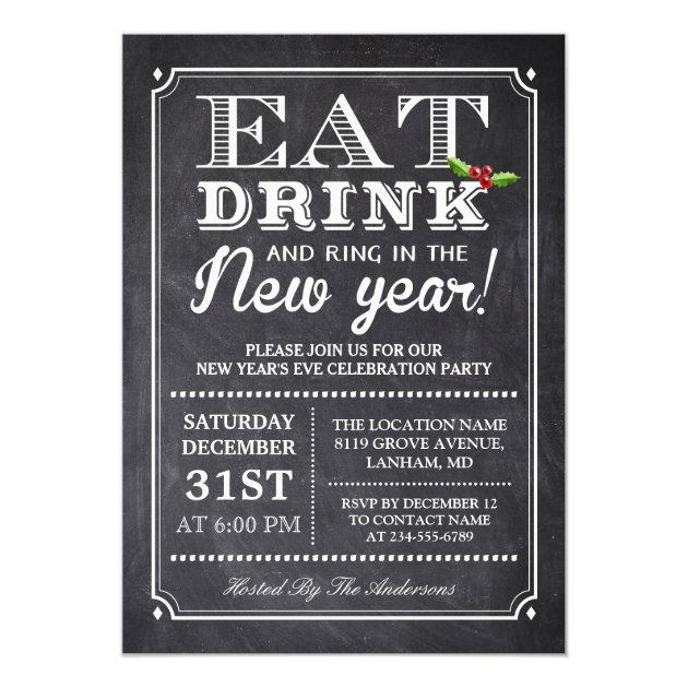Eat Drink and Ring in the New Year's Eve Party Card (front side)