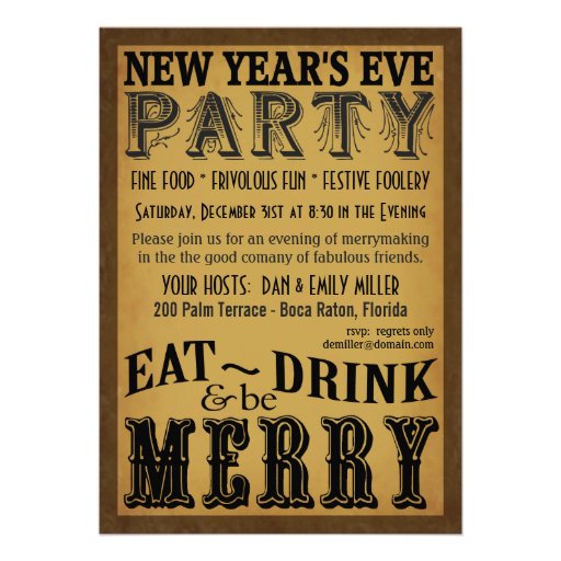 Eat Drink Be Merry New Years Eve Invitations (front side)