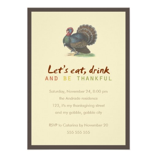 Eat Drink Be Thankful Vintage Thanksgiving Turkey Personalized Invitation (front side)
