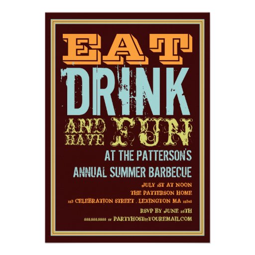 Eat, Drink & Have Fun at a Summer BBQ Party Custom Invite (front side)