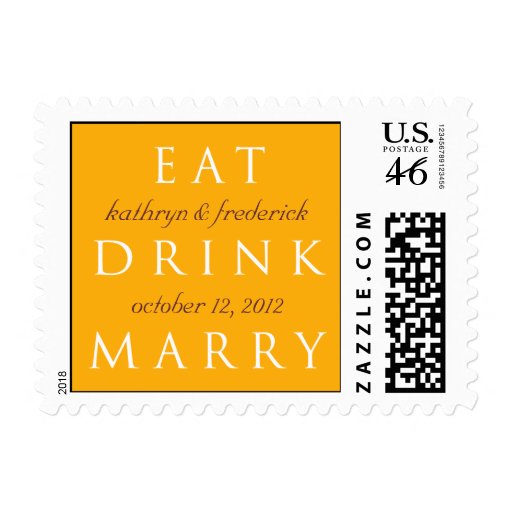 EAT DRINK MARRY gold orange custom wedding stamps