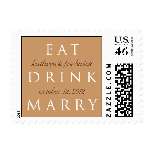 EAT DRINK MARRY mocha brown custom wedding stamps