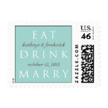 EAT DRINK MARRY teal blue custom wedding stamps