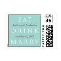 EAT DRINK MARRY teal blue custom wedding stamps stamps