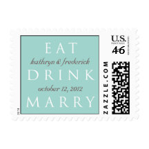 EAT DRINK MARRY teal blue custom wedding stamps