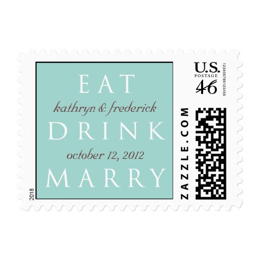 EAT DRINK MARRY teal blue custom wedding stamps