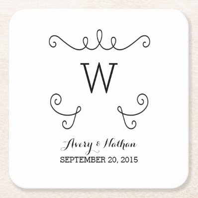 Ebony Whimsical Flourish Monogram Paper Coasters