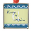 Ecru blue filigree border wedding couple first ornament