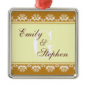 Ecru brown filigree border wedding couple first ornament