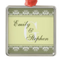 Ecru green filigree border wedding couple first ornament