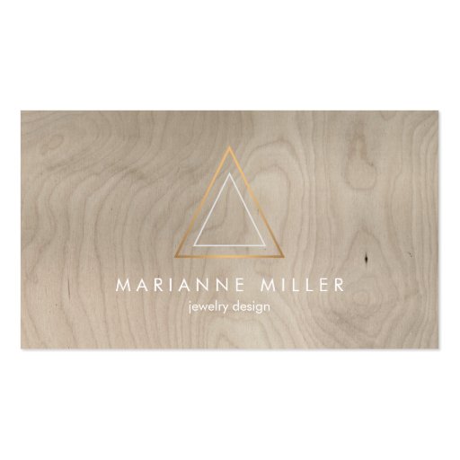 Edgy and Modern Copper Triangle Logo on Beige Wood Business Cards (front side)