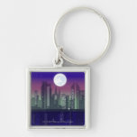 Edificios encendidos para arriba en la noche llaveros personalizados