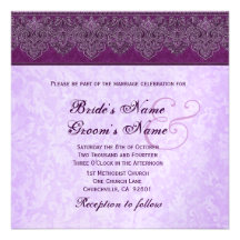 Eggplant and Lilac Purple Damask Ribbon Wedding Invitations