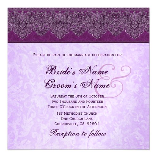 Eggplant and Lilac Purple Damask Ribbon Wedding Invitations