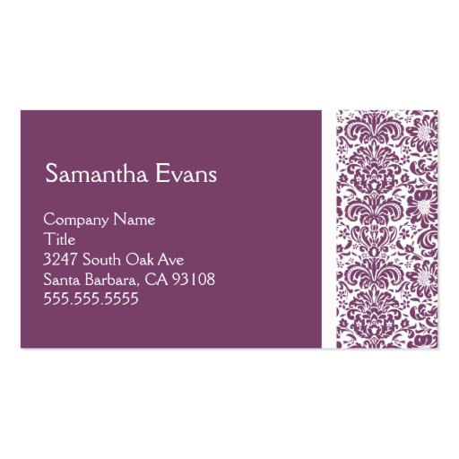 Eggplant and White Damask Business Card (front side)