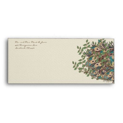 Eggplant Aqua and Gold Peacock Vintage 3 Feathers Envelopes