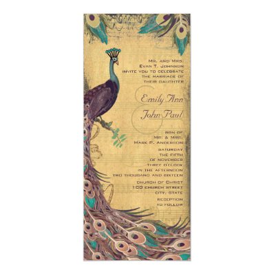 Eggplant Aqua Vintage Peacock Wedding Card