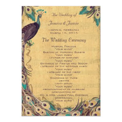 Eggplant Aqua Vintage Peacock Wedding Program Personalized Invitation