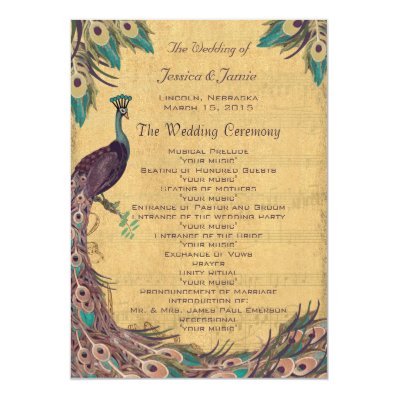 Eggplant Aqua Vintage Peacock Wedding Program Custom Announcement