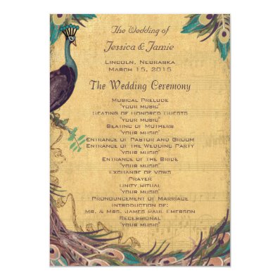 Eggplant Aqua Vintage Peacock Wedding Program Announcements
