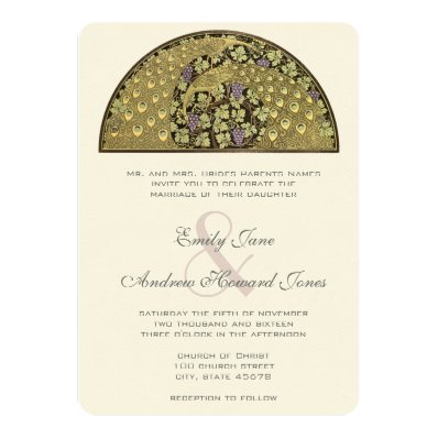 Eggplant Art Nouveau Peacock Wedding Invitation