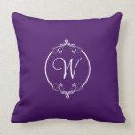 Eggplant Purple and White Ornate Monogram pillows