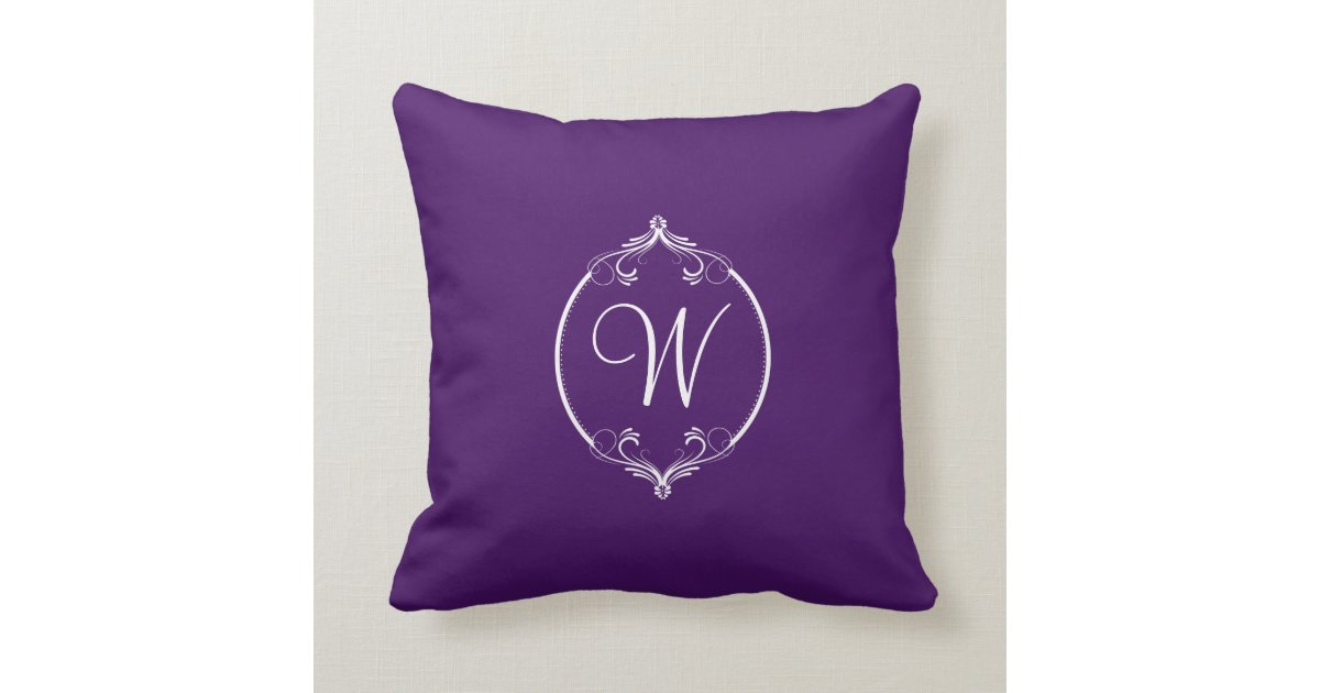 Eggplant Purple and White Ornate Monogram Throw Pillow ...