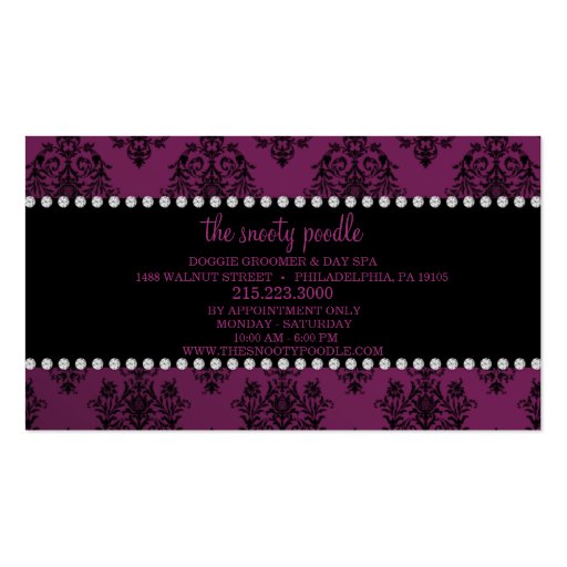 Eggplant Purple Jeweled Damask Dog Grooming/Spa Business Card (back side)