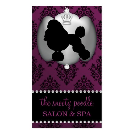 Eggplant Purple Jeweled Damask Dog Grooming/Spa Business Card (front side)