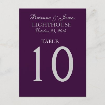 Eggplant Purple Silver Wedding Table Number Card Postcards by JaclinArt
