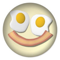Eggs and bacon smiley face . round sticker