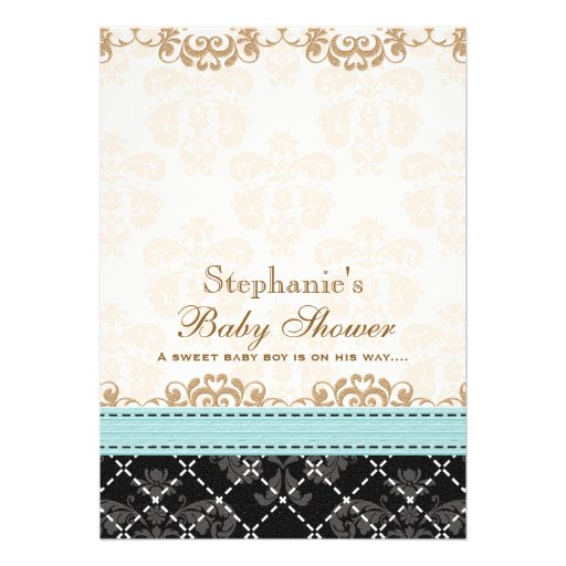 Eggshell Blue Damask Baby Carriage Baby Shower Custom Announcements