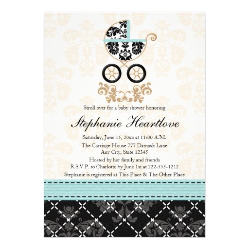 Eggshell Blue Damask Baby Carriage Baby Shower Custom Announcements
