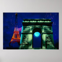 Eiffel Tower and Arc de Triomphe with moon Poster