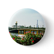 Eiffel Tower, barges, Paris, France  flowers Pinback Buttons