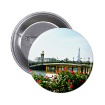 Eiffel Tower, barges, Paris, France  flowers Pinback Buttons