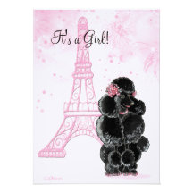 Eiffel Tower & Black Poodle Girl Baby Shower Personalized Announcements