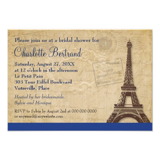 Eiffel Tower Blue Parisian Bridal Shower Invitations