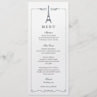 Eiffel Tower Elegant Wedding Menu Card Announcements by marlenedesigner