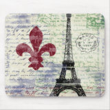 grunge grungy Eiffel Tower France Mousepad with fleur de lis and old-fashioned vintage retro handwriting