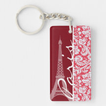 Eiffel Tower, Paris, Red Damask Acrylic Keychain