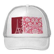 Eiffel Tower, Paris, Red Damask Mesh Hats