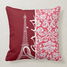 Eiffel Tower, Paris, Red Damask Throw Pillows