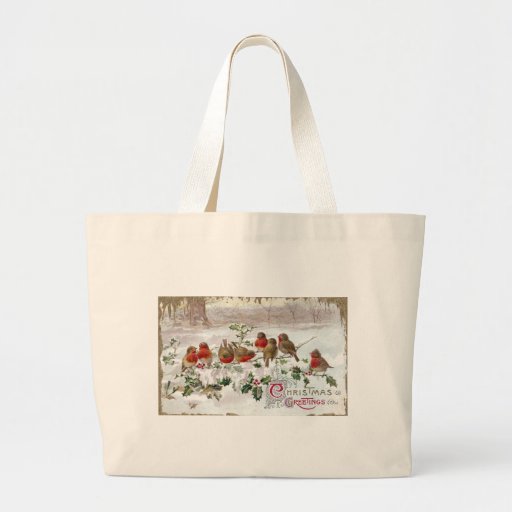 Eight English Robins on Holly Vintage Christmas Tote Bag