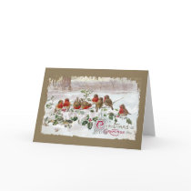 Eight English Robins on Holly Vintage Christmas Greeting Card